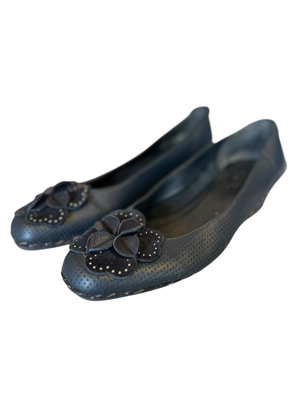 Sesto Meucci Women’s Sz 9 Navy Leather Demi Wedge Heels Perforated Floral